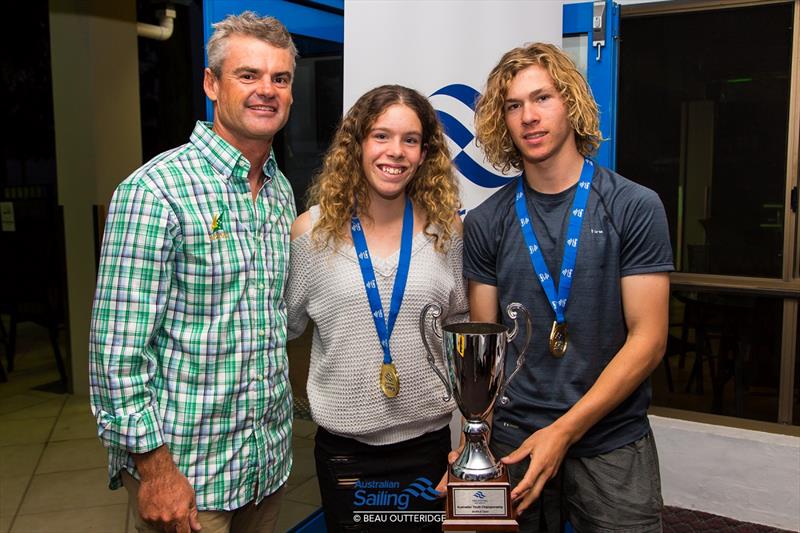 Darren Bundock presents Shannon and Jayden Dalton with the Australian Youth Nacra 15 Trophy photo copyright Beau Outteridge / Australian Sailing taken at Wangi RSL Amateur Sailing Club and featuring the Nacra 15 class