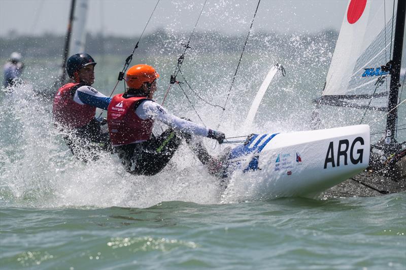 Argentina's Nacra 15 crew of Teresa Romairone and Dante Cittadini have forged a comfortable lead on Day 2 in the open multihull class at the 48th Youth Sailing World Championships photo copyright Jen Edney / World Sailing taken at  and featuring the Nacra 15 class