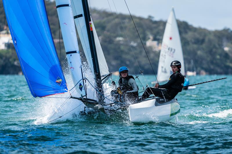 Nacras on day 2 of the NSW Youth Championship at Lake Macquarie photo copyright Beau Outteridge taken at South Lake Macquarie Amateur Sailing Club and featuring the Nacra 15 class