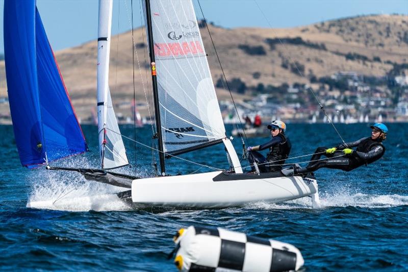 Nacra 15 team Ashleigh Swadling and Nathan Bryant (Qld) are second overall after two days - Day 2, Australian Sailing Youth Championships 2019 photo copyright Beau Outteridge taken at Royal Yacht Club of Tasmania and featuring the Nacra 15 class