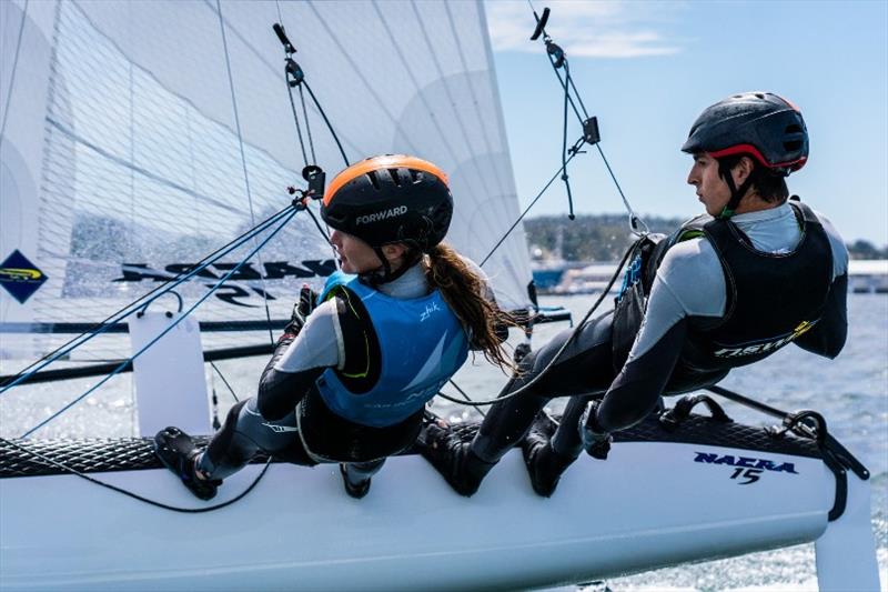 Will Cooley and Bec Hancock (NSW) won the the Nacra 15 class - Day 4, Australian Sailing Youth Championships 2019 photo copyright Beau Outteridge taken at Royal Yacht Club of Tasmania and featuring the Nacra 15 class