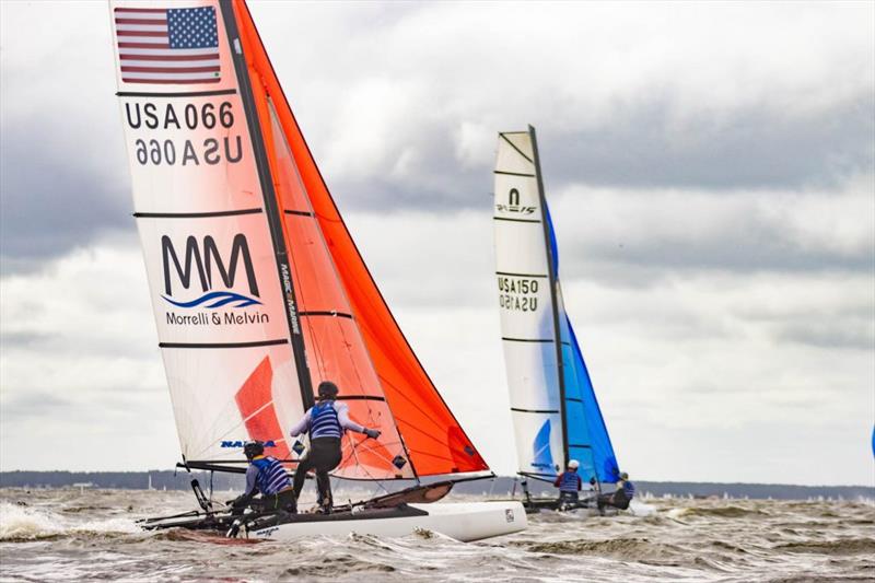 Sean Mahoney & Declan Donovan (St. Francis / Richmond Yacht Club) chase Tanner DeMarzo & Luke King (Sarasota Youth Sailing) in the Nacra 15 - 2021 U.S. Youth Sailing Championships - Day 2 - photo © Matt Flanagan McCotter