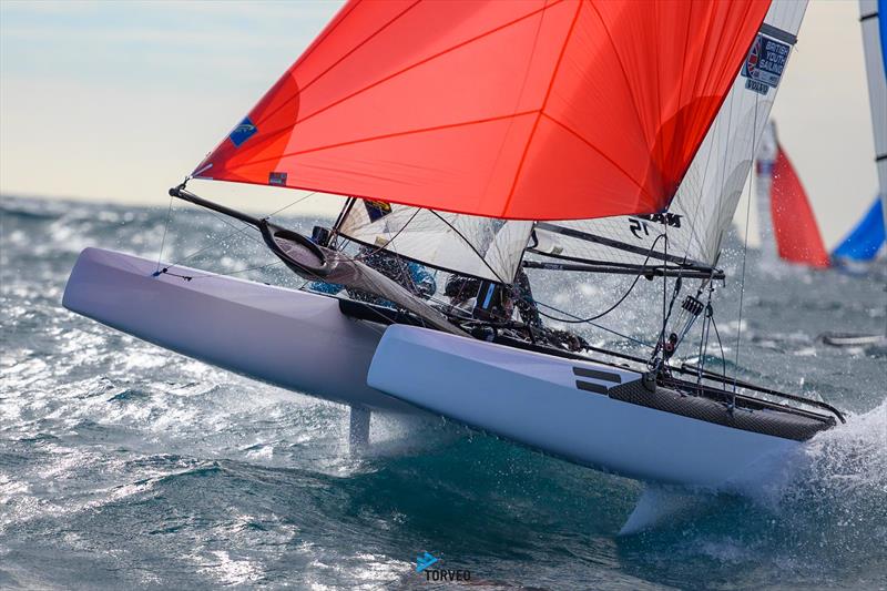 Tom Jones and Izzy Smith (GBR) sailing downwind on Day 2 of the Nacra 15 European Super Series event in Barcelona photo copyright Óscar Torveo / Barcelona International Sailing Centre taken at Barcelona International Sailing Center and featuring the Nacra 15 class