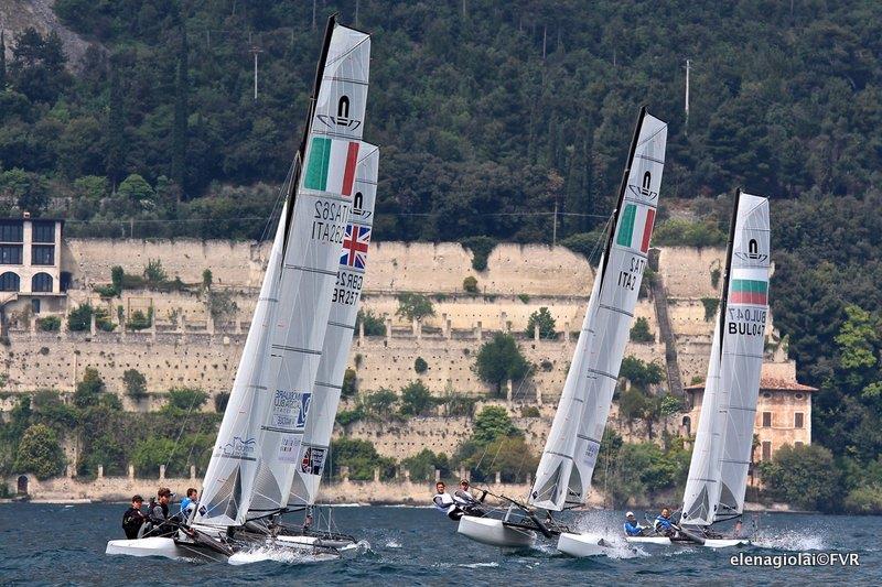 Day 1 of Eurosaf Champions Sailing Cup Leg 2 at Lake Garda photo copyright Elena Giolai taken at Fraglia Vela Riva and featuring the Nacra 17 class