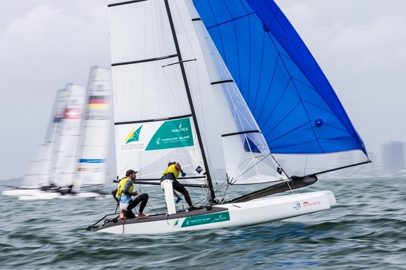 Jason Waterhouse & Lisa Darmanin on day 3 of Sailing World Cup Miami photo copyright Pedro Martinez / Sailing Energy taken at Coconut Grove Sailing Club and featuring the Nacra 17 class