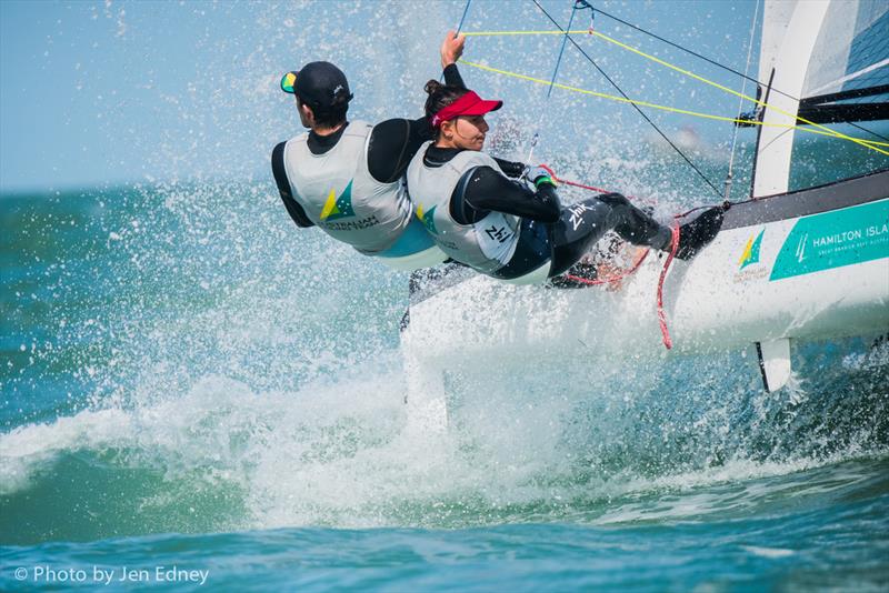 Racing on day 1 of the Nacra 17, 49er & 49erFX Worlds in Clearwater, Florida photo copyright Jen Edney / EdneyAP taken at Sail Life and featuring the Nacra 17 class