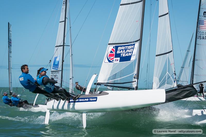 Racing on day 4 of the Nacra 17, 49er & 49erFX Worlds in Clearwater, Florida photo copyright Laurens Morel / www.saltycolours.com taken at Sail Life and featuring the Nacra 17 class