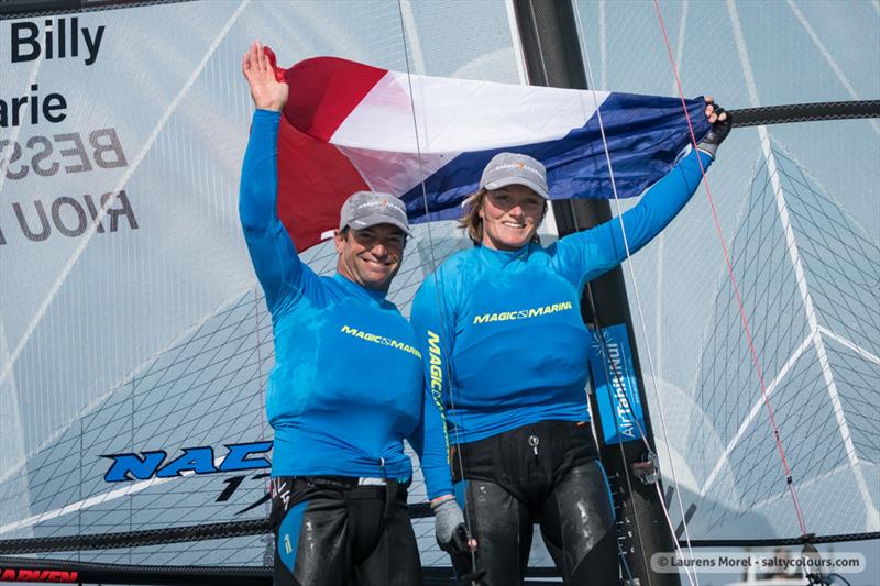 Medal race celebrations of the Nacra 17, 49er & 49erFX Worlds in Clearwater, Florida - photo © Laurens Morel / <a target=