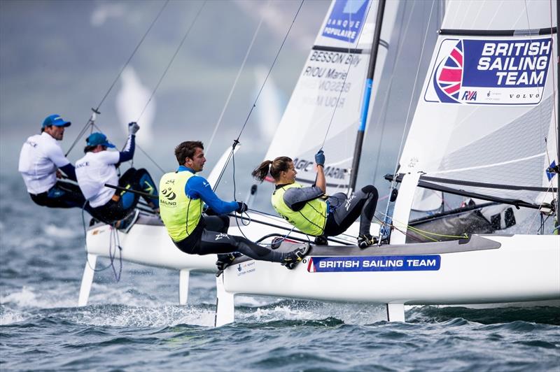 Saxton & Groves at Sailing World Cup Weymouth and Portland photo copyright Pedro Martinez / Sailing Energy / World Sailing taken at Weymouth & Portland Sailing Academy and featuring the Nacra 17 class