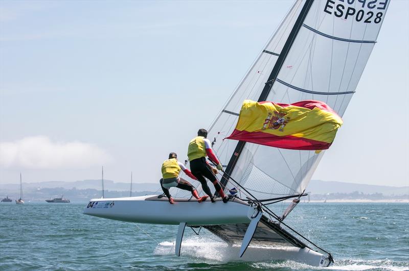 Echavarri and Pacheco fly the Spanish flag on day 5 of the World Cup Series Final in Santander photo copyright Jesus Renedo / Sailing Energy / World Sailing taken at  and featuring the Nacra 17 class
