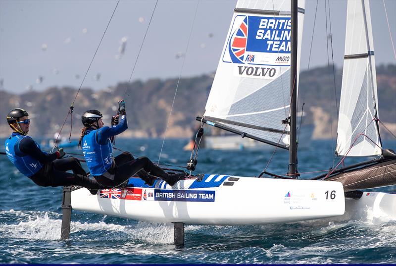 Saxton and Groves on day 4 at 2018 World Cup Series Hyères photo copyright Jesus Renedo / Sailing Energy taken at  and featuring the Nacra 17 class