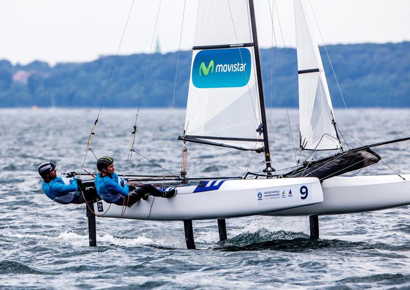 Iker Martinez and Olga Maslivets (ESP) sailing their Nacra 17 in Aarhus Sailing Week - the test event before the Hempel Sailing World Championships Aarhus  photo copyright Jesus Renedo taken at  and featuring the Nacra 17 class