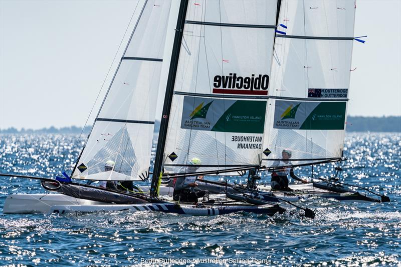 Jason Waterhouse/Lisa Darmanin and Nathan Outteridge/Haylee Outteridge - 2018 World Championships Aarhus photo copyright Beau Outteridge taken at  and featuring the Nacra 17 class
