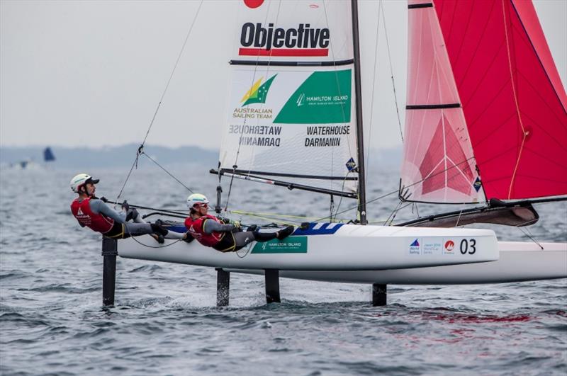 Jason Waterhouse and Lisa Darmanin (AUS) in the Nacra 17 on Day 3 at World Cup Series Enoshima photo copyright Jesus Renedo / Sailing Energy / World Sailing taken at  and featuring the Nacra 17 class