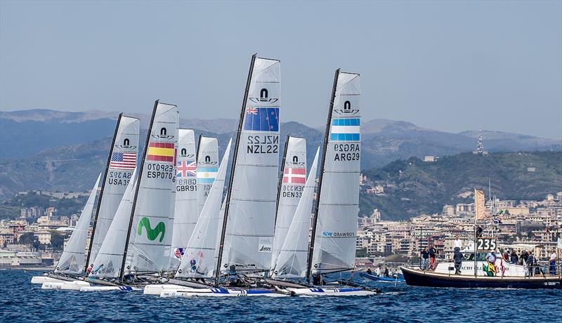 Nacra 17 start - NZL- Day 6 - Hempel Sailing World Cup - Genoa - April 2019 photo copyright Jesus Renedo / Sailing Energy taken at Yacht Club Italiano and featuring the Nacra 17 class