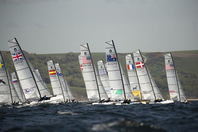 Nacra 17s off the site - Nathan and Haylee Outteridge sail no. 46 - 2019 Nacra 17, 49er and 49er FX European Championship photo copyright Drew Malcolm taken at Weymouth & Portland Sailing Academy and featuring the Nacra 17 class