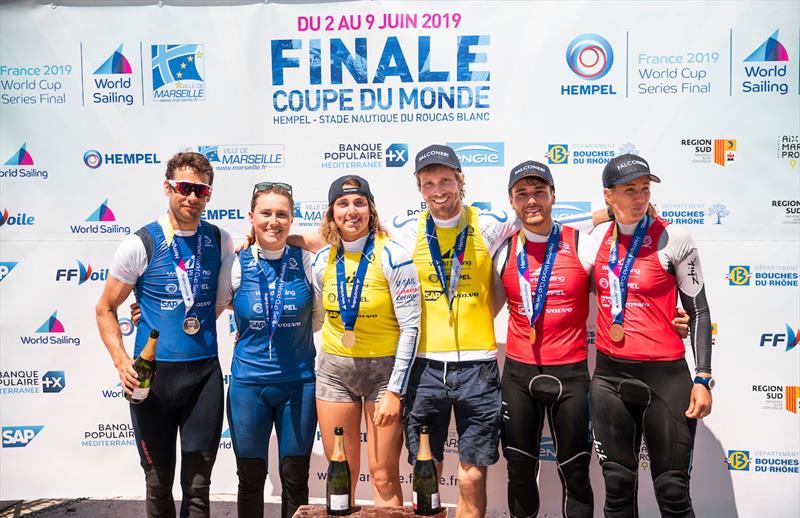 Nacra 17 winners podium at the Hempel World Cup Series Final in Marseille photo copyright Sailing Energy / World Sailing taken at  and featuring the Nacra 17 class