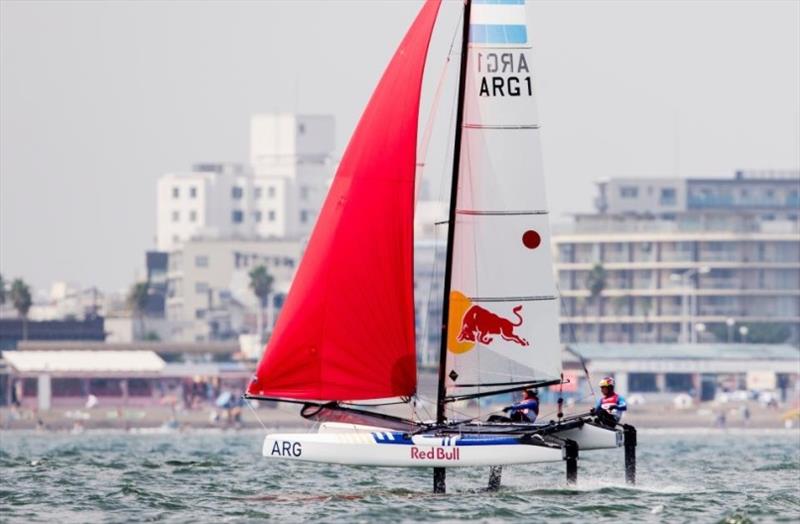 Santiago Lange and Cecilia Carranza Saroli (ARG) - Ready Steady Tokyo Olympic test event, day 3 photo copyright Pedro Martinez / Sailing Energy / World Sailing taken at  and featuring the Nacra 17 class