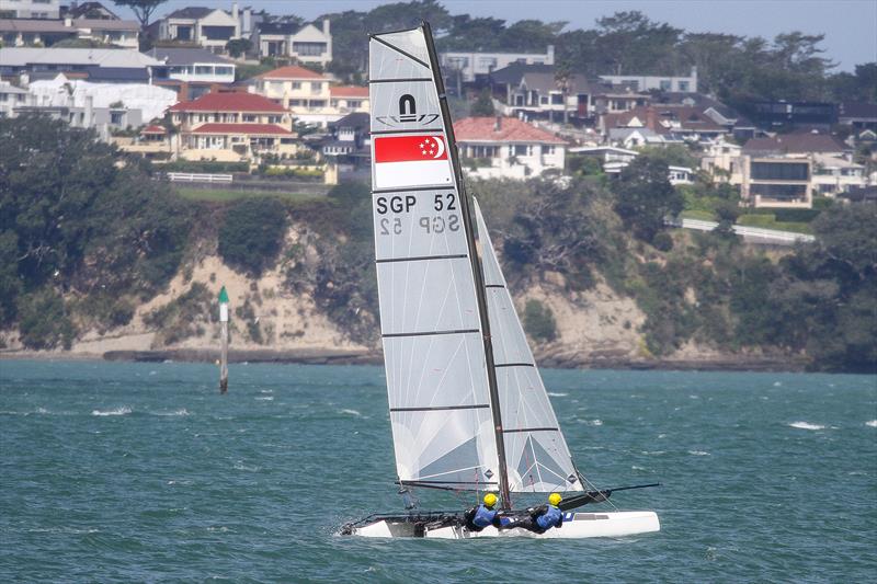 Singapore Nacra 17  training on the Waitemata Harbour ahead of the 2019 World Championships. The 49er, 49erFX and Nacra 17 World Championships get underway in four weeks photo copyright Richard Gladwell taken at Takapuna Boating Club and featuring the Nacra 17 class