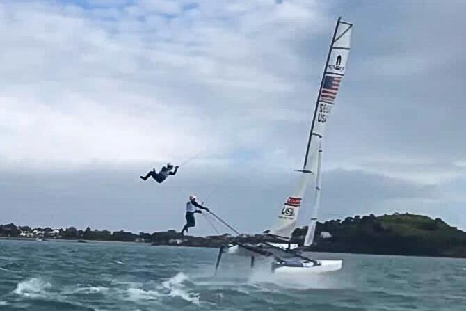 Ravi Parent and Caroline Atwood, of Parent Atwood Racing (USA) get airborne again, after just having finished a 28hr flight to Auckland for the Nacra 17 Worlds photo copyright Parent Attwood Racing taken at Royal Akarana Yacht Club and featuring the Nacra 17 class