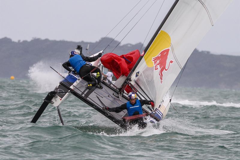 Santi Lange (ARG) comes close to going over the side duirng a mark rounding - Medal Race, Nacra 17 - Hyundai Worlds - December 2019 photo copyright Richard Gladwell / Sail-World.com taken at Royal Akarana Yacht Club and featuring the Nacra 17 class