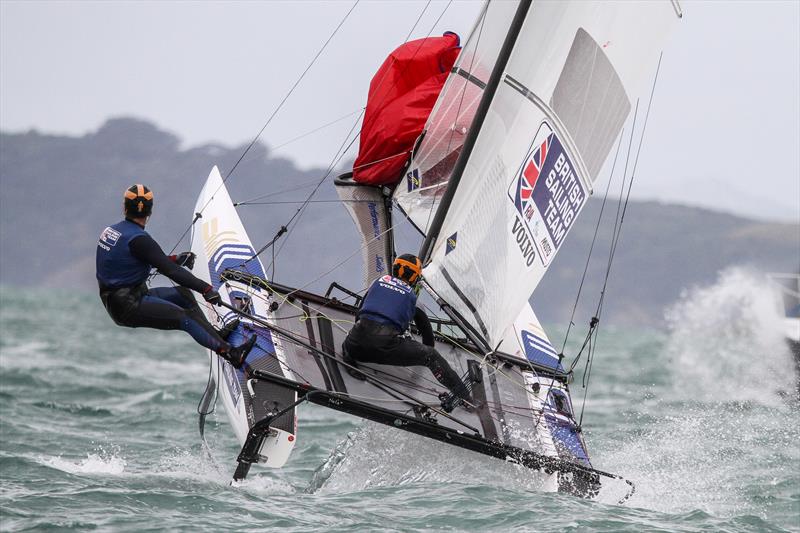 Ben Saxton & Nicola Boniface (GBR) reach for the sky - Medal Race - Nacra 17 - Hyundai Worlds, December 2019 photo copyright Richard Gladwell / Sail-World.com taken at Royal Akarana Yacht Club and featuring the Nacra 17 class