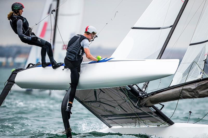 Clearing seaweed - Helena Sanderson and Henry Haslett - Nacra 17 - Day 1 - 2020 World Championships - Royal Geelong Yacht Club - February 2020 - photo © Jesus Renedo / Sailing Energy / World Sailing