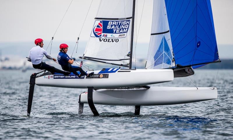 John Simson and Anna Burnet (GBR) lead the Nacra 17s after three races - 2020 49er, 49er FX & Nacra 17 World Championship, day 2 photo copyright Jesus Renedo / Sailing Energy / World Sailing taken at Royal Geelong Yacht Club and featuring the Nacra 17 class