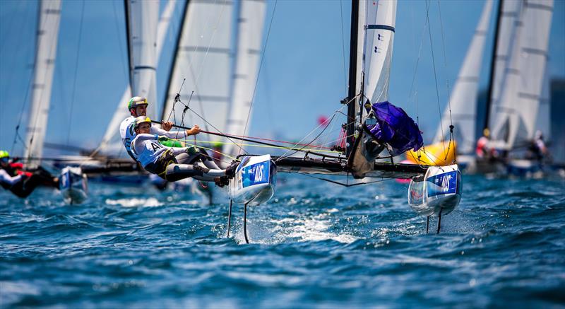 Jason Waterhouse and Lisa Darmanin (AUS) on day 7 of the Tokyo 2020 Olympic Sailing Competition photo copyright Sailing Energy / World Sailing taken at  and featuring the Nacra 17 class