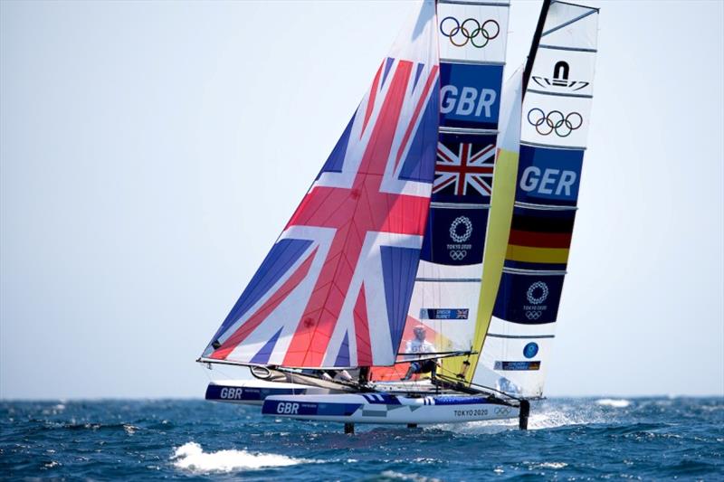 Gimson and Burnet (GBR) holding off (Kohlhoff and Stuhlemmer (GER) photo copyright Sailing Energy / World Sailing taken at  and featuring the Nacra 17 class