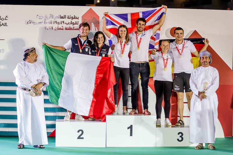 Nacra 17 podium in the 49er, 49erFX and Nacra 17 World Championships photo copyright Sailing Energy / Pedro Martinez taken at Oman Sail and featuring the Nacra 17 class