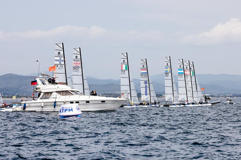 Medal Race start - Nacra 17 - Day 6 - NZL Sailing Team - Semaine Olympique Française de Hyères - April 2022 - photo © Sailing Energy / FFVOILE