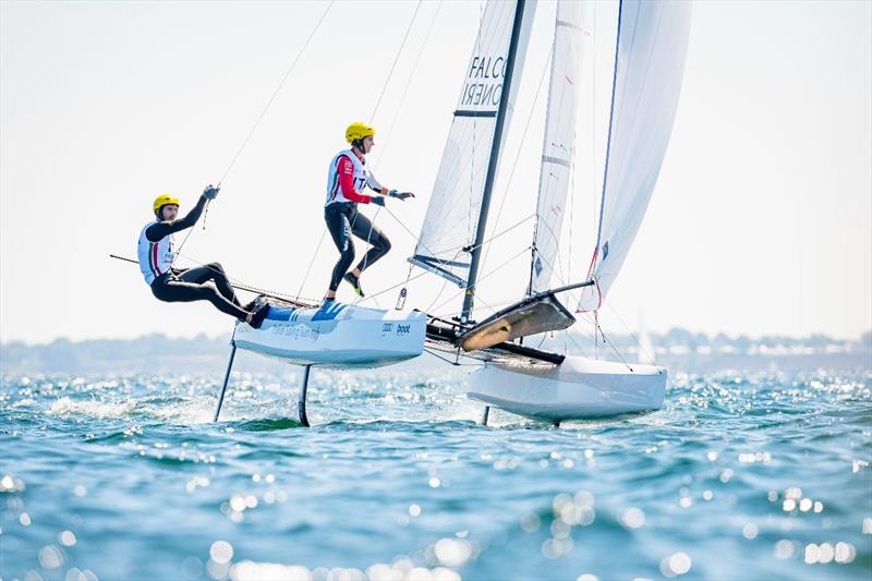 Italians Bissaro/Frascari foiling currently in second place in the Nacra 17 at Kiel Week - photo © Sascha Klahn / Kieler Woche