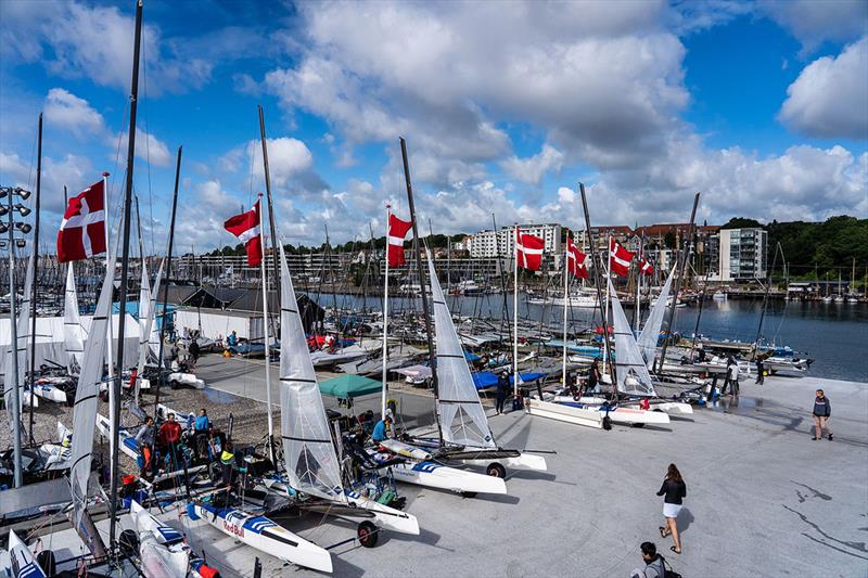 Nacras preparing for the day at the Aarhus International Sailing Centre photo copyright Beau Outteridge taken at  and featuring the Nacra 17 class