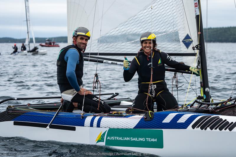 Jason Waterhouse and Lisa Darmanin (Nacra 17) competing at 49er, 49erFX & Nacra 17 World Championships in Hubbards, NS, Canada photo copyright Beau Outteridge taken at Hubbards Sailing Club and featuring the Nacra 17 class