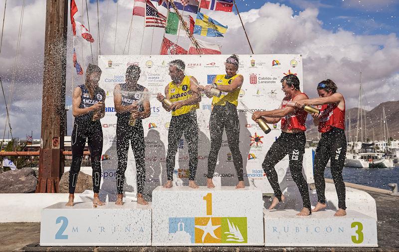 Nacra 17 Podium - Champagne battle between Argentina, France and New Zealand at the Lanzarote International Regatta - photo © Sailing Energy