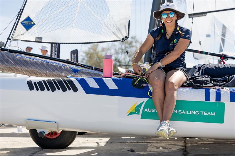 Lisa Darmanin ashore on board the Nacra 17 Foiling Catamaran photo copyright Sander van der Borch / World Sailing taken at  and featuring the Nacra 17 class