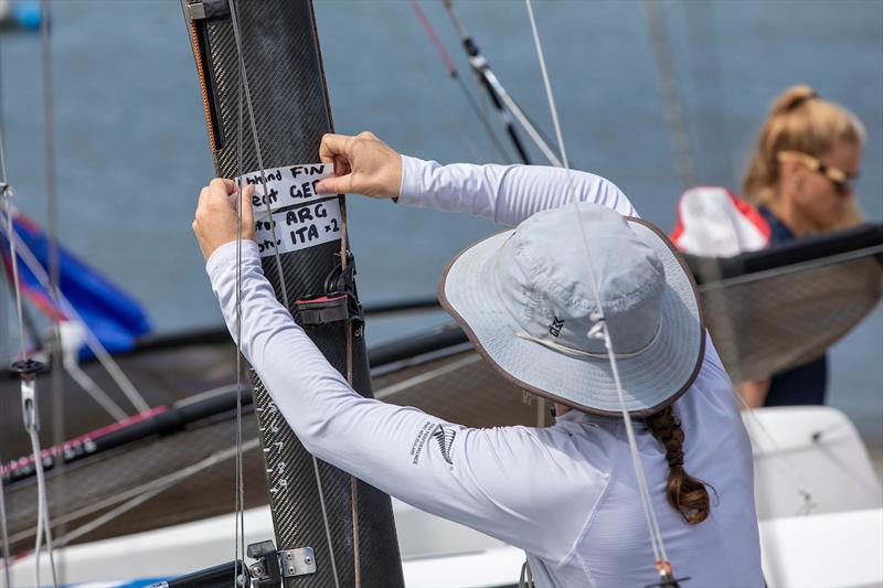 Erica Dawson posts their points situation - NZL - Nacra 17-  Day 7, 2023 Allianz Sailing World Championships, The Hague, August 17, 2023  photo copyright Sailing Energy / World Sailing taken at  and featuring the Nacra 17 class