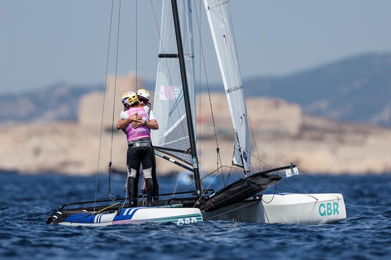 John Gimson and Anna Burnet (GBR) OCS in the Mixed Multihull Medal Race at Paris2024 on August 8, 2024 in Marseille, France photo copyright World Sailing / Lloyd Images taken at  and featuring the Nacra 17 class