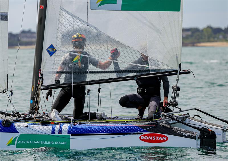 High Five for Gargett and Hoffman during the 2026 49er, 49erFX & Nacra 17 Worlds at Quiberon photo copyright Sailing Energy taken at Institut National du Nautisme and featuring the Nacra 17 class