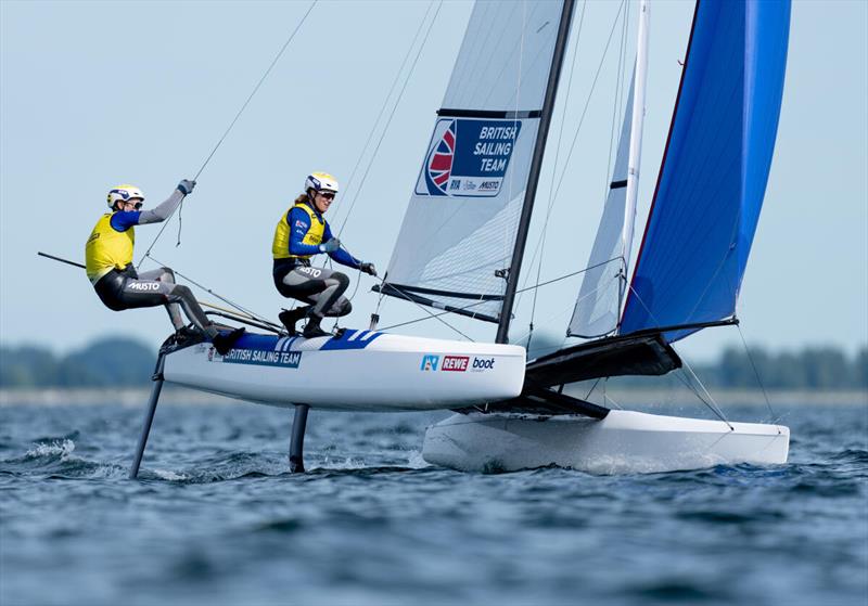 Wearing yellow jerseys and with a perfect record, on their way to victory at Kieler Woche: John Gimson and Anna Burnet from Great Britain photo copyright Sascha Klahn / Kieler Woche taken at Kieler Yacht Club and featuring the Nacra 17 class