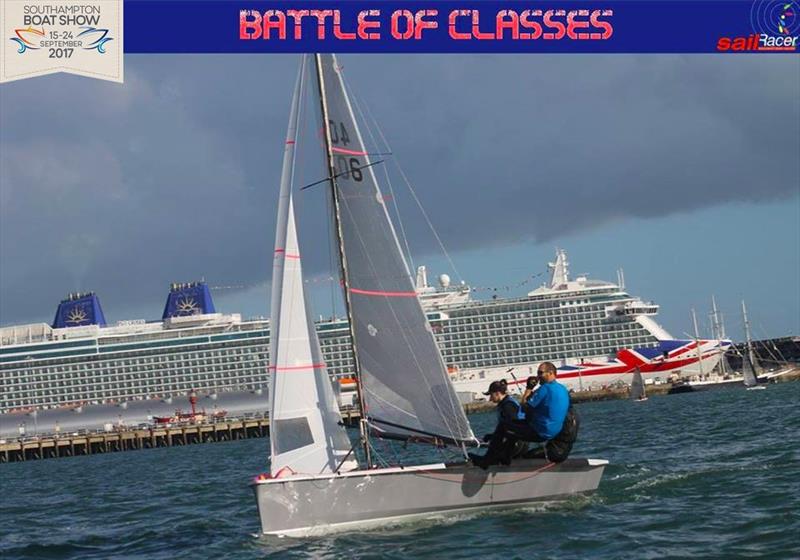 Gregor Davidson, Jessica & Hugo Berney during the 2016 Battle of the Classes photo copyright Simon Lovesey taken at  and featuring the National 18 class