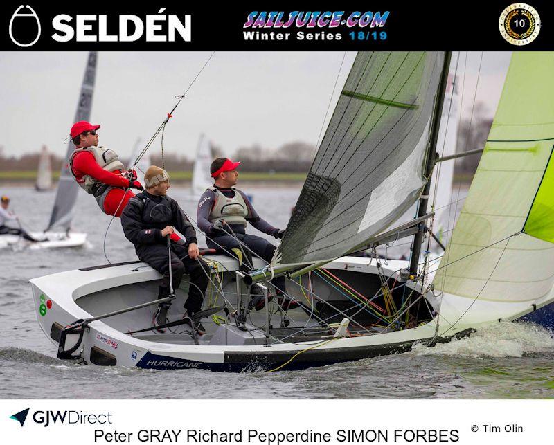Peter Gray, Richard Pepperdine and Simon Forbes took second overall in the 2019 Selden SailJuice Winter Series photo copyright Tim Olin / www.olinphoto.co.uk taken at Oxford Sailing Club and featuring the National 18 class