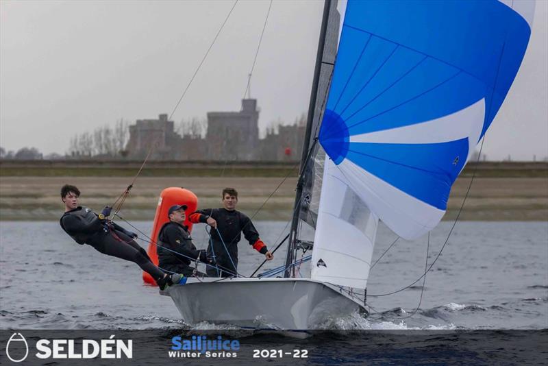 Olympic Champion Dylan Fletcher stepped into the back of a National 18 with Michael Wilson and Ben Batchelor for the Datchet Flyer 2021 photo copyright Tim Olin / www.olinphoto.co.uk taken at Datchet Water Sailing Club and featuring the National 18 class