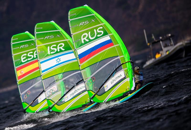 Women's RS:X racing at the Rio 2016 Olympic Sailing Competition photo copyright Sailing Energy / World Sailing taken at  and featuring the RS:X class