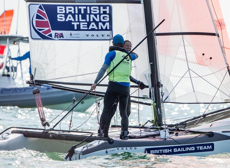 Ben Saxton and Nicola Groves (GBR) win the Nacra 17 class at World Cup Series Miami photo copyright Pedro Martinez / Sailing Energy / World Sailing taken at Coconut Grove Sailing Club and featuring the RS:X class