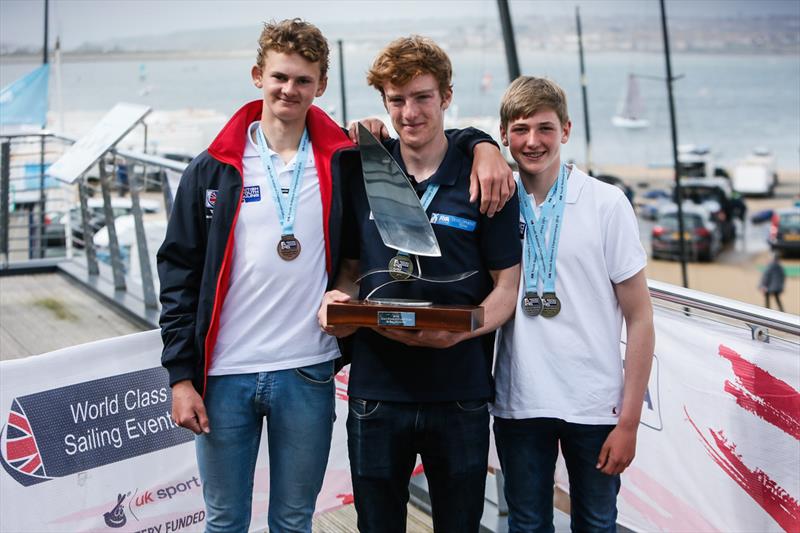 (l-r) Ethan Moody, Isaac Lines, Finn Hawkins after the 2018 RYA RS:X Youth National Championships at Weymouth photo copyright Paul Wyeth / RYA taken at Weymouth & Portland Sailing Academy and featuring the RS:X class