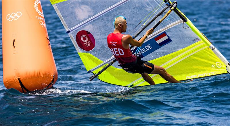 Kiran Badloe (NED) in the Men's RS:X on Tokyo 2020 Olympic Sailing Competition Day 4 photo copyright Sailing Energy / World Sailing taken at  and featuring the RS:X class