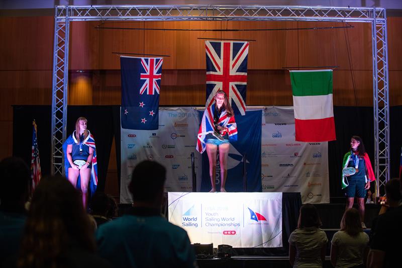 NZL's  Veerle ten Have (left) after being awarded the Silver  medal in the  Womens RS:X class at the 2018 Youth Sailing World Championships, Corpus Chris, Texas photo copyright Jen Edney / World Sailing taken at  and featuring the RS:X class