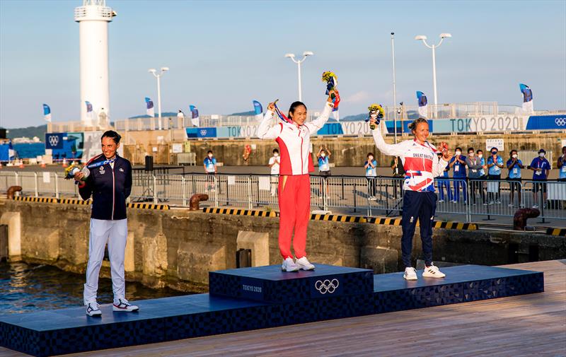 Yunxiu Lu (CHN) gold, Charline Picon (FRA) silver and Emma Wilson (GBR) bronze - Women's windsurfer podium at the Tokyo 2020 Olympic Sailing Competition - photo © Sailing Energy / World Sailing